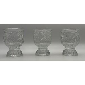 Set of 3 Clear Pressed Glass Votive Candle Holders Diamond Leaf Pattern Footed